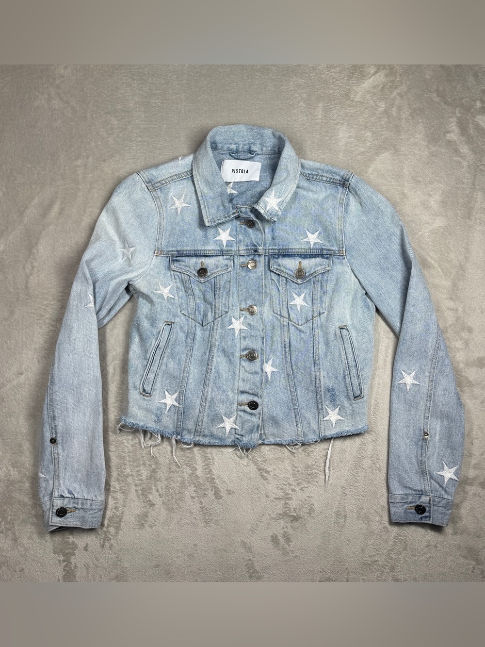 Pistola Brando Embroidered Star Distressed Cut Off Denim Blue Jean Jacket Small - Picture 2 of 15